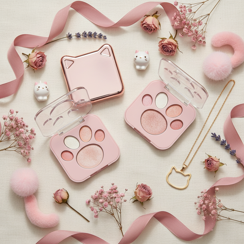 Square cat paw compacts flat lay with cat accessories overhead shot