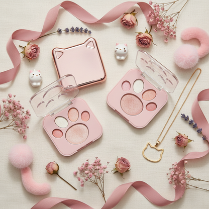 Square cat paw compacts flat lay with cat accessories overhead shot