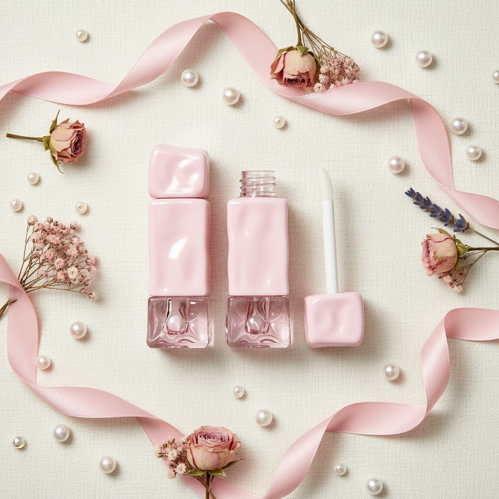 Square lip gloss tubes flat lay with dried flowers overhead shot