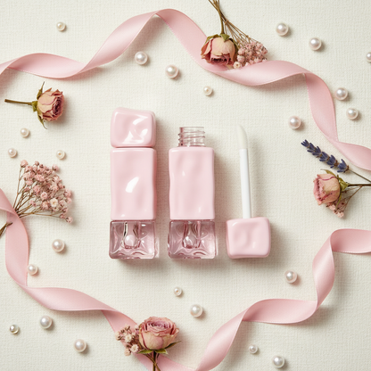 Square lip gloss tubes flat lay with dried flowers overhead shot