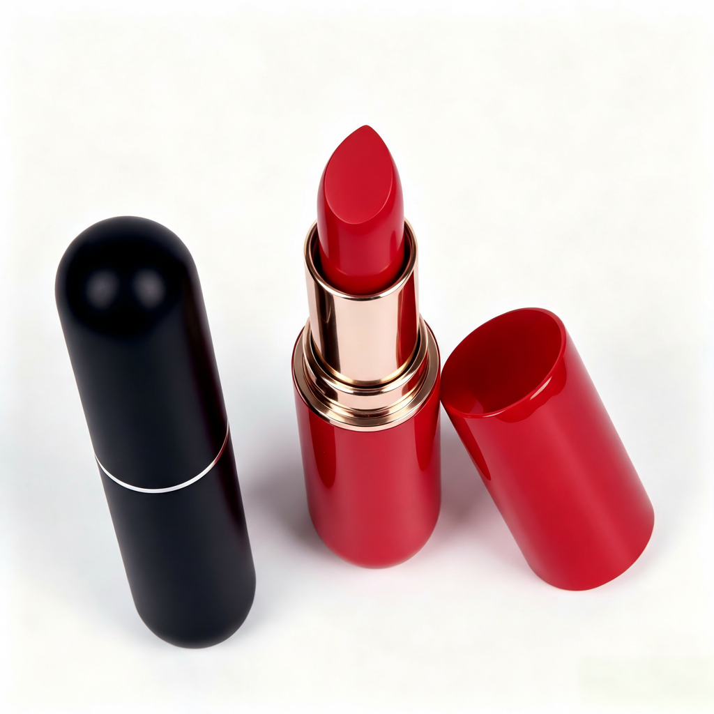Lipstick tube packaging on white marble surface