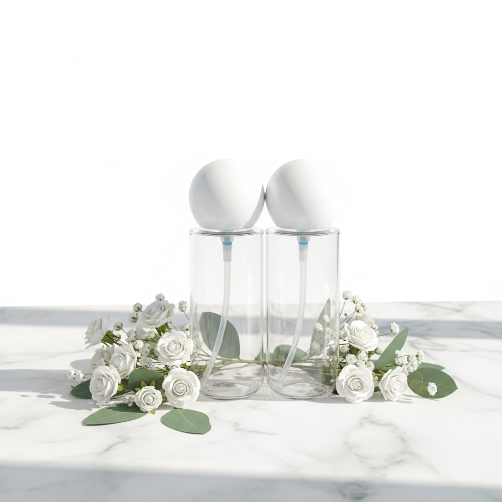 PET round ball spray bottle lifestyle scene with flowers on marble