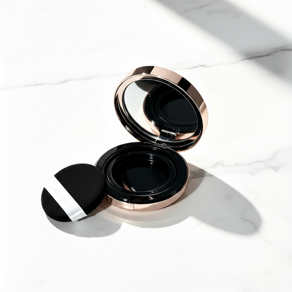 Round rose gold magnetic air cushion compact open on white marble minimalist luxury scene