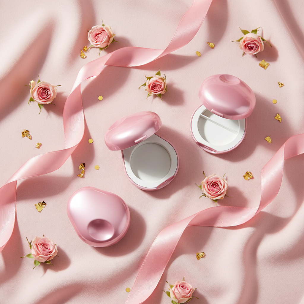 Oval rose pink eyeshadow compact cases gift flatlay with ribbon and roses