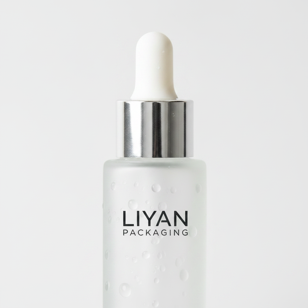 Frosted glass dropper bottle detail - silver dropper cap close-up