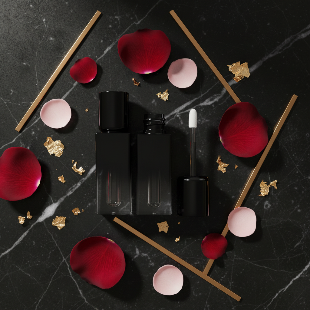 Gradient black square lip gloss tube on black marble with rose petals