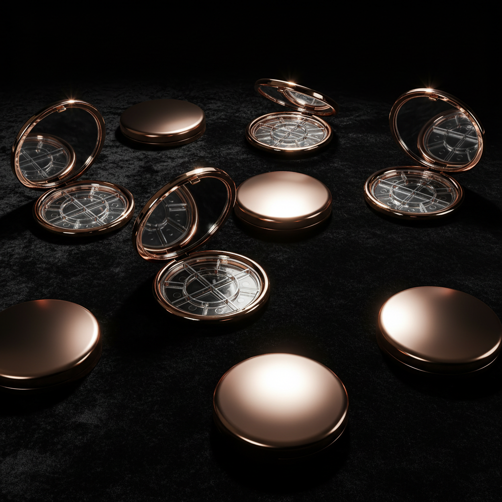 Rose gold eyeshadow compacts on black velvet dark moody luxury scene