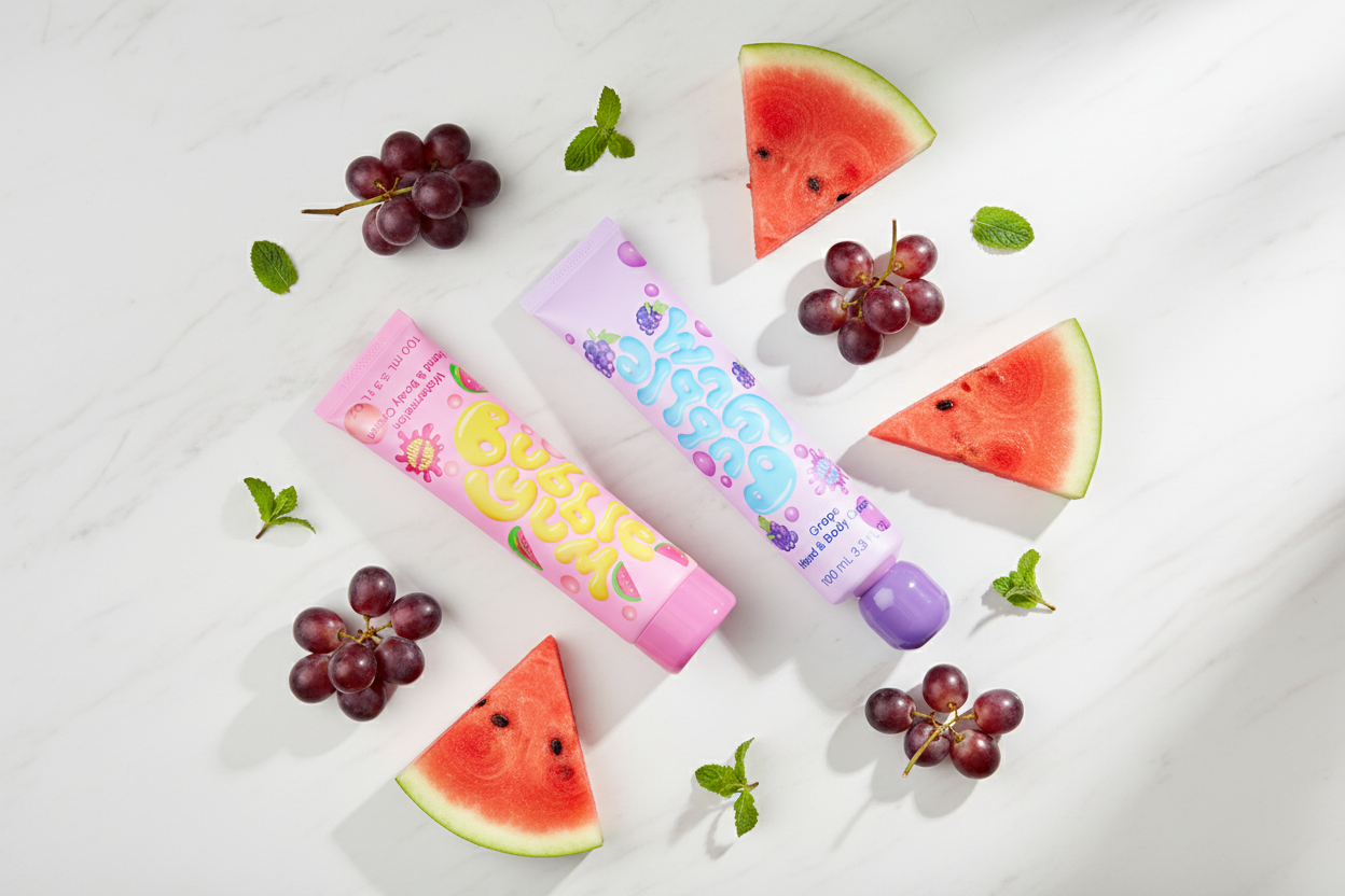 Pink watermelon and purple grape hand cream tubes on marble with fresh fruit on white background