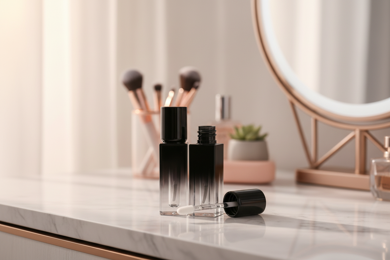 Gradient black square lip gloss tube on vanity table lifestyle scene