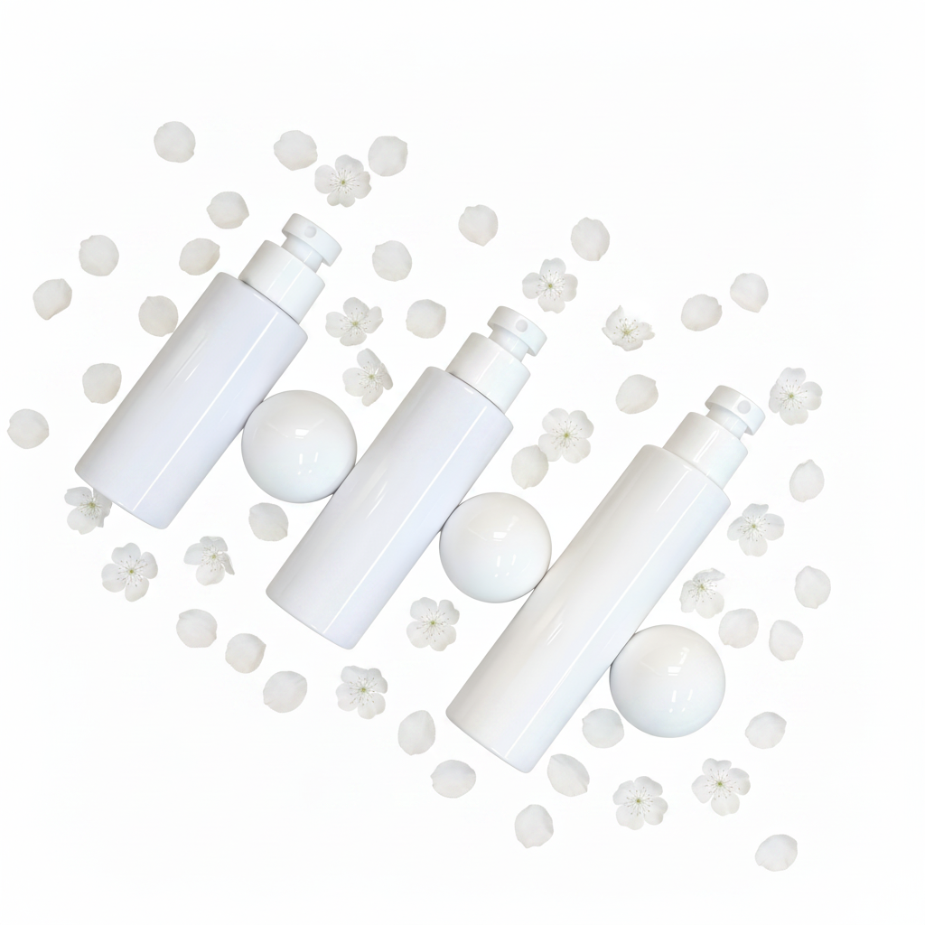 Three white ball cap bottles flat lay with white flower petals