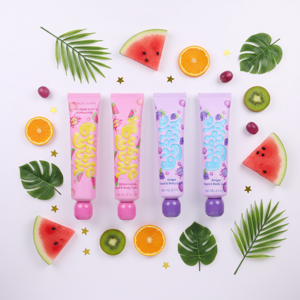 Overhead flat lay of four fruit hand cream tubes with colorful fruit slices on white background