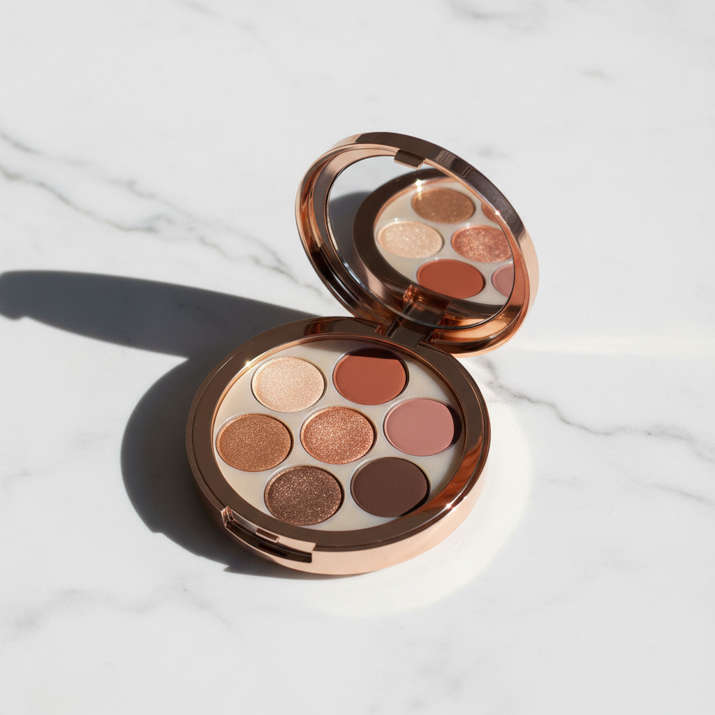 Rose gold round eyeshadow compact on white marble minimalist luxury scene