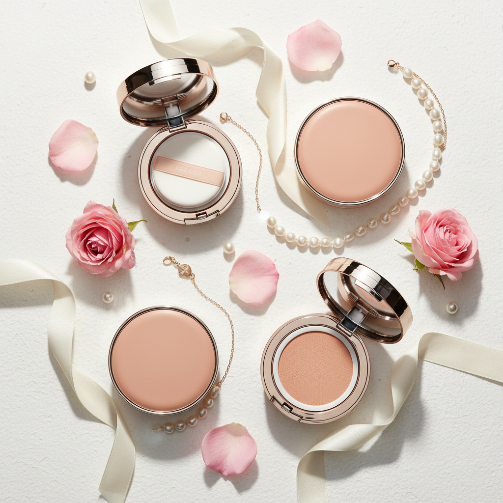 Round rose gold air cushion compacts flat lay with rose petals overhead shot