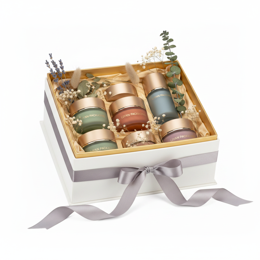 Gift box presentation with botanicals and satin ribbon