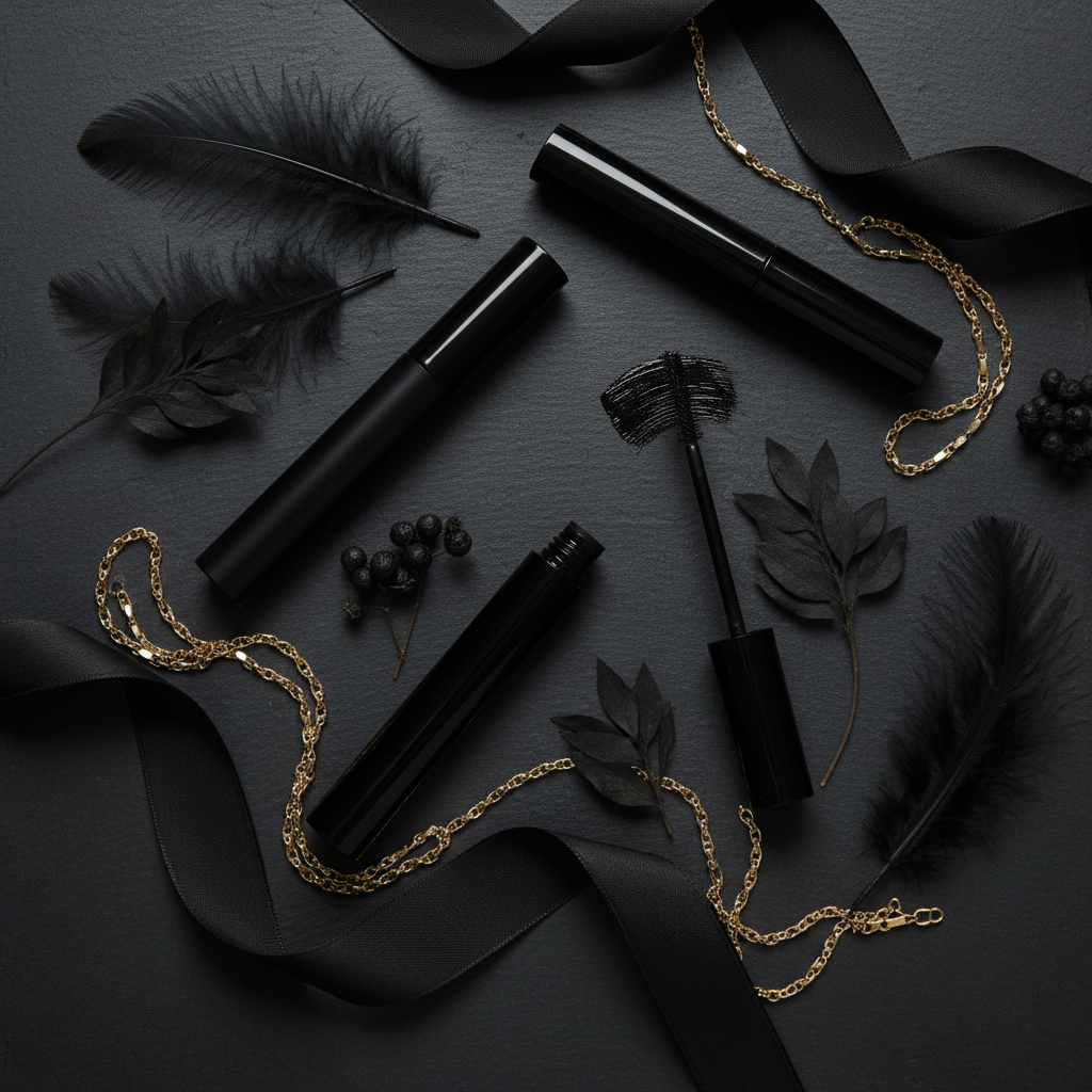 Round matte black mascara tubes dark flat lay with feathers and gold chain