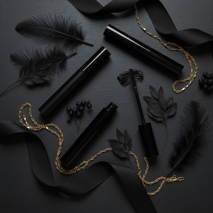 Round matte black mascara tubes dark flat lay with feathers and gold chain