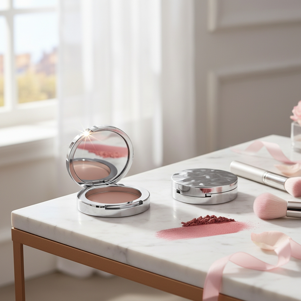 Chrome silver wave-lid compact open with mirror lifestyle scene on marble vanity