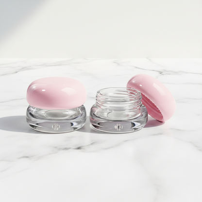 Round mushroom cap lip mud jar on white marble minimalist luxury scene
