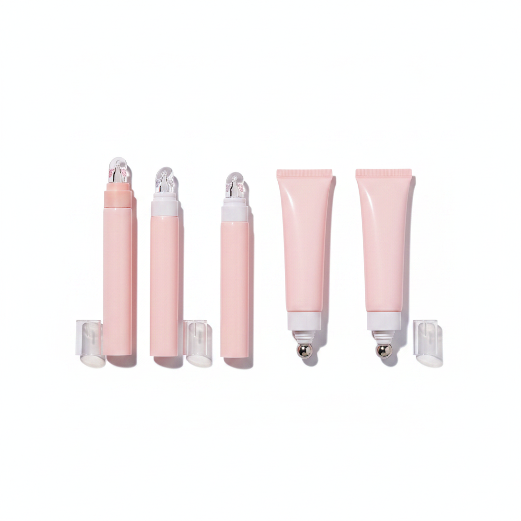 Pink eye cream packaging full product lineup flat lay