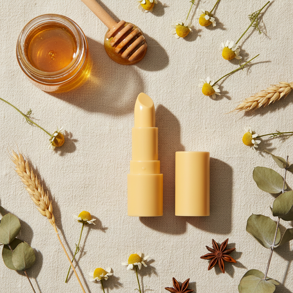 LYH003 lipstick tube flatlay with chamomile flowers and botanicals