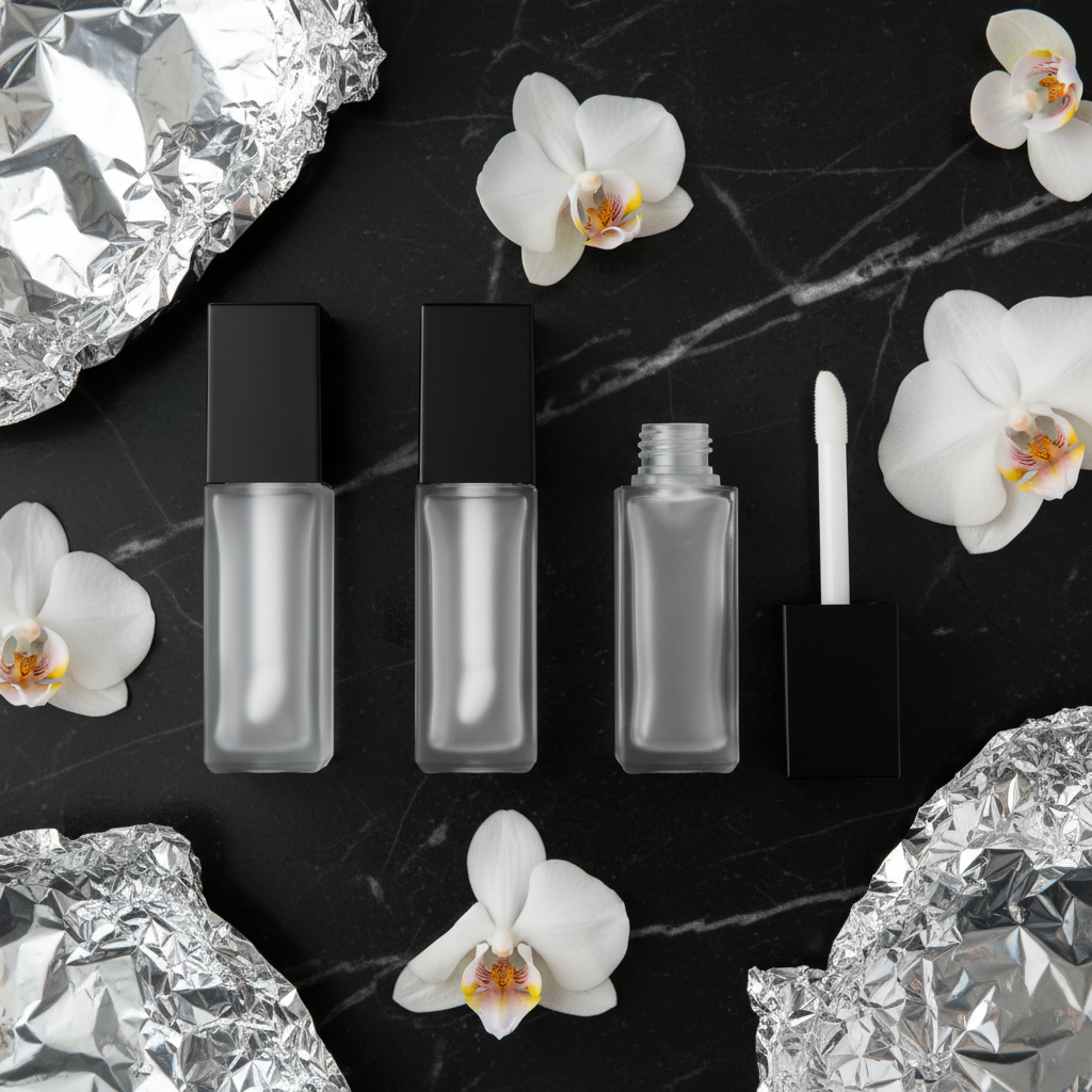 Frosted and clear square cosmetic bottles flatlay on black marble with silver foil and orchids