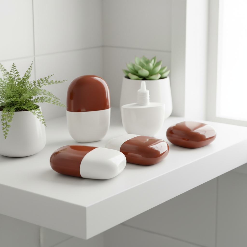 Multiple capsule bottles lifestyle scene on white bathroom shelf with green plants