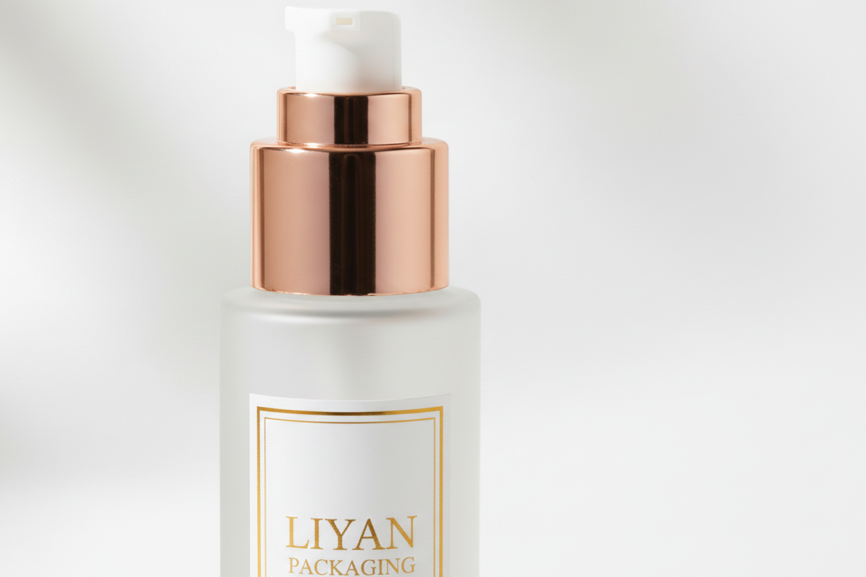 LIYAN Frosted Glass Pump Bottle with Rose Gold Cap - Detail Shot
