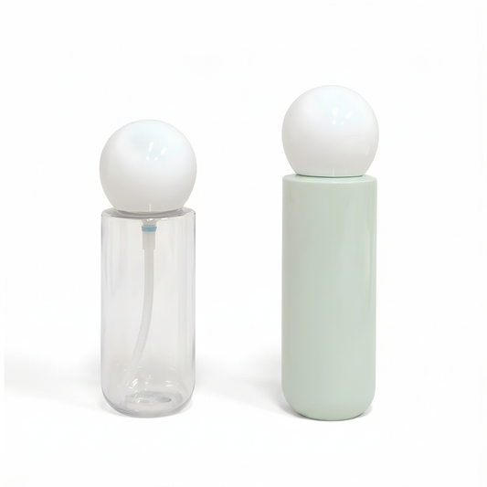 Clear PET and mint green round ball cap bottles 100ml 120ml white background