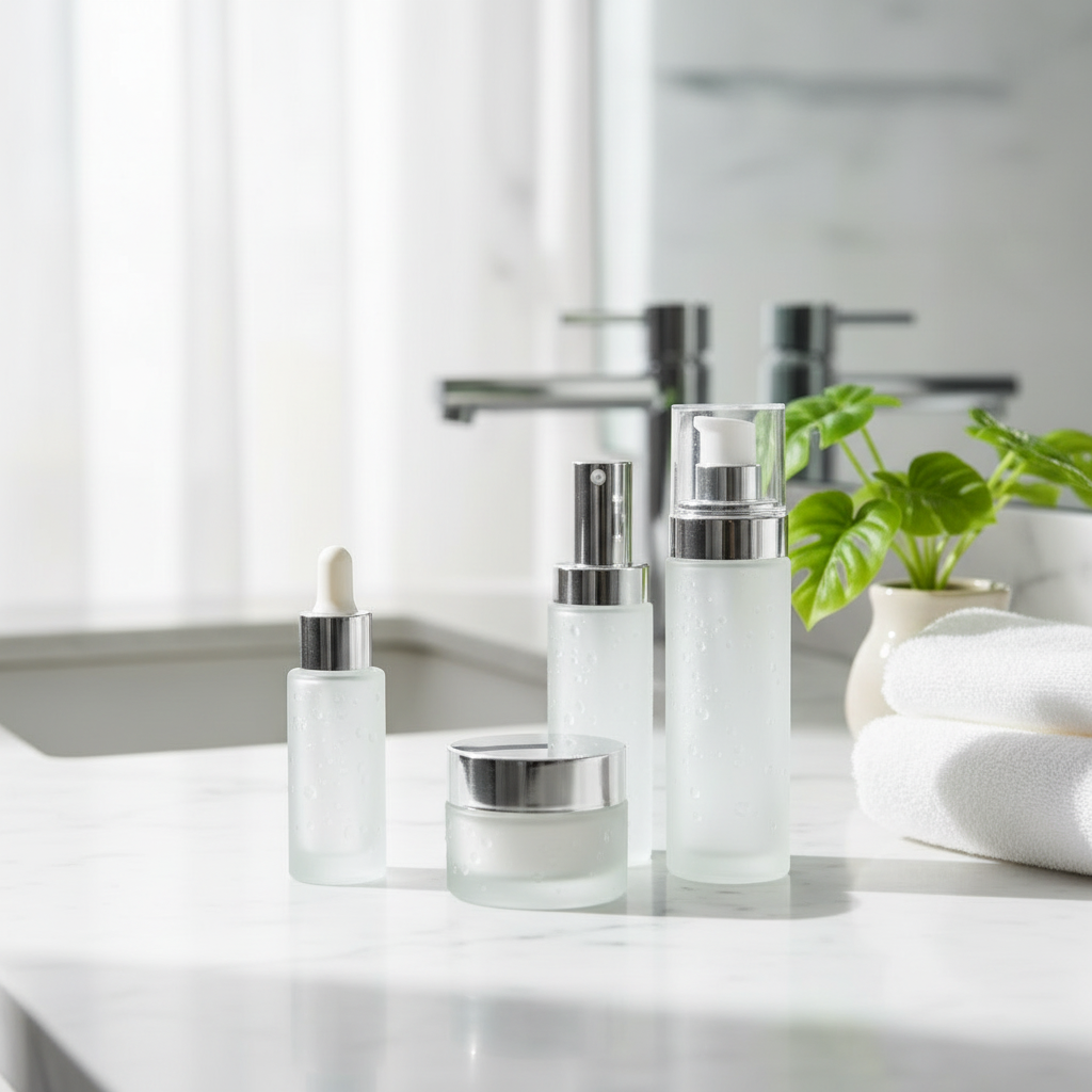 Luxury bathroom lifestyle scene with frosted glass skincare set