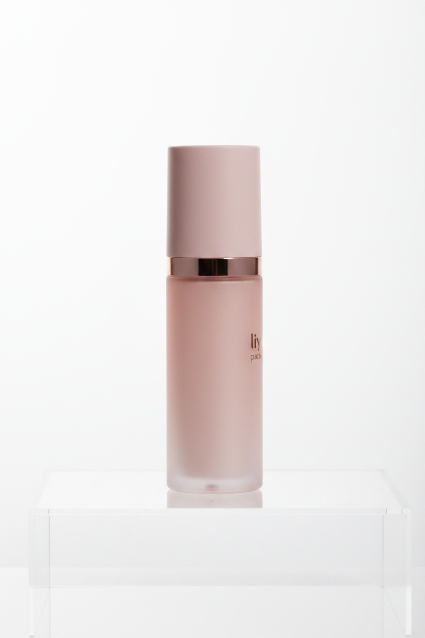 Side profile of blush pink airless pump bottle on white background