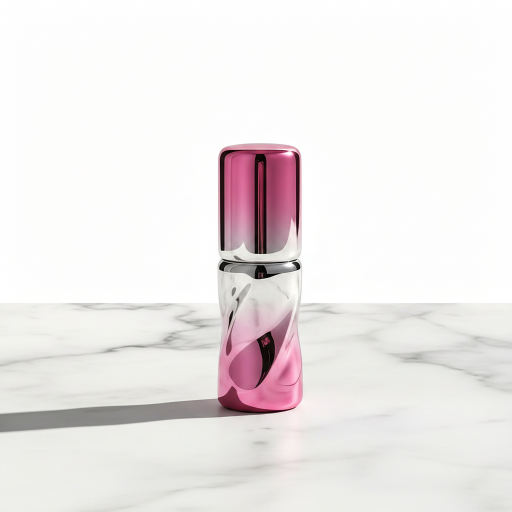 Round spiral magnetic lipstick tube on white marble minimalist luxury scene