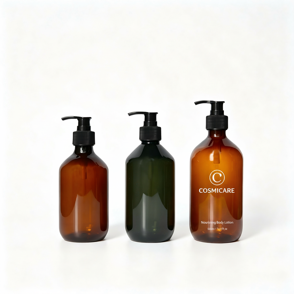 Amber PET pump bottle OEM custom branding mockup