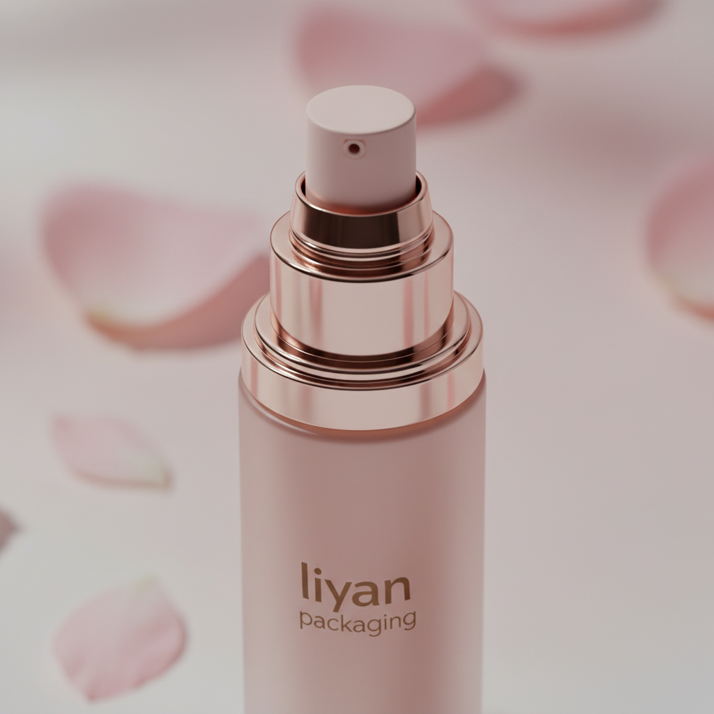 Close-up of airless pump bottle showing rose gold metallic collar detail