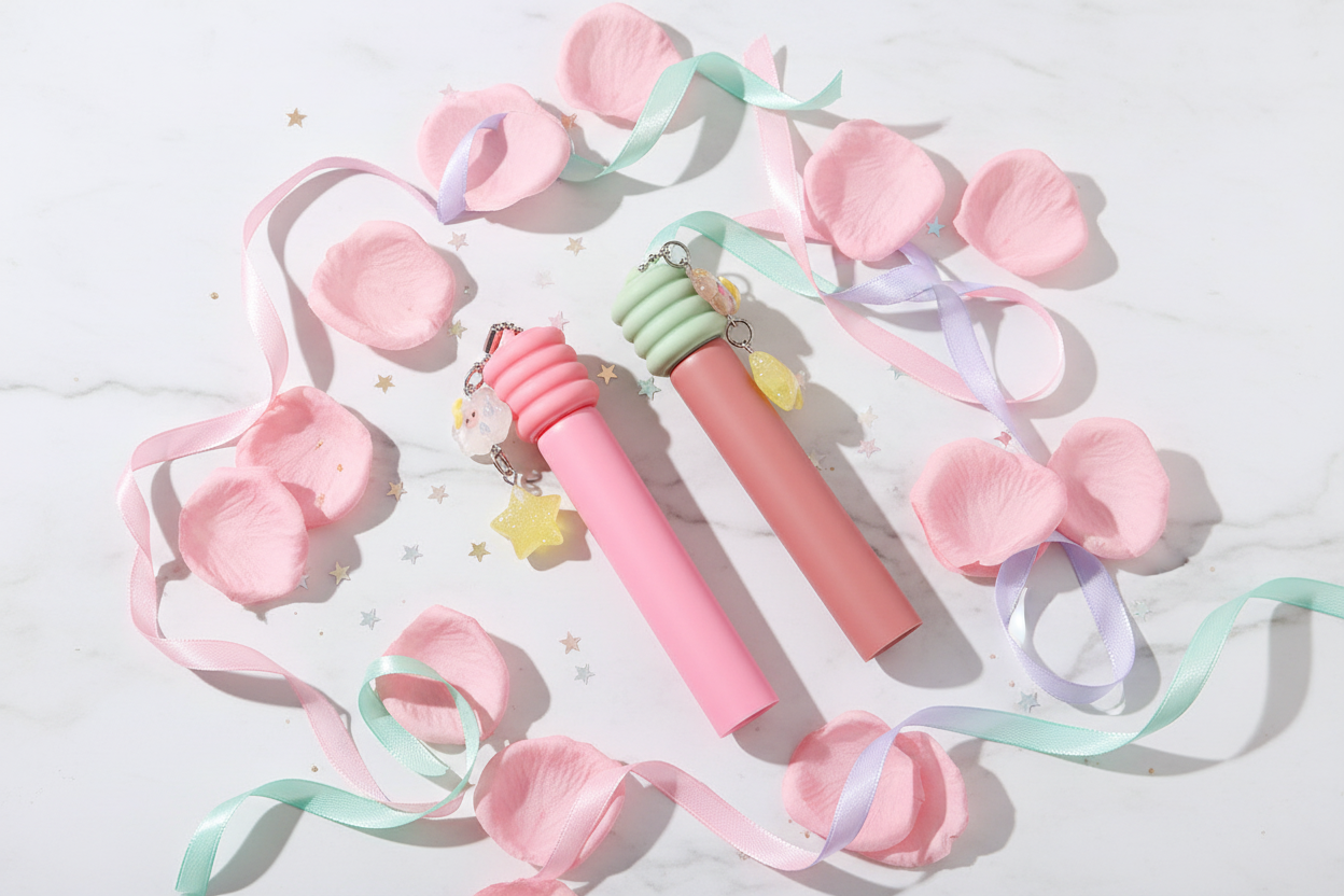 Two pink lip gloss tubes with cartoon charm caps on marble with rose petals and star confetti