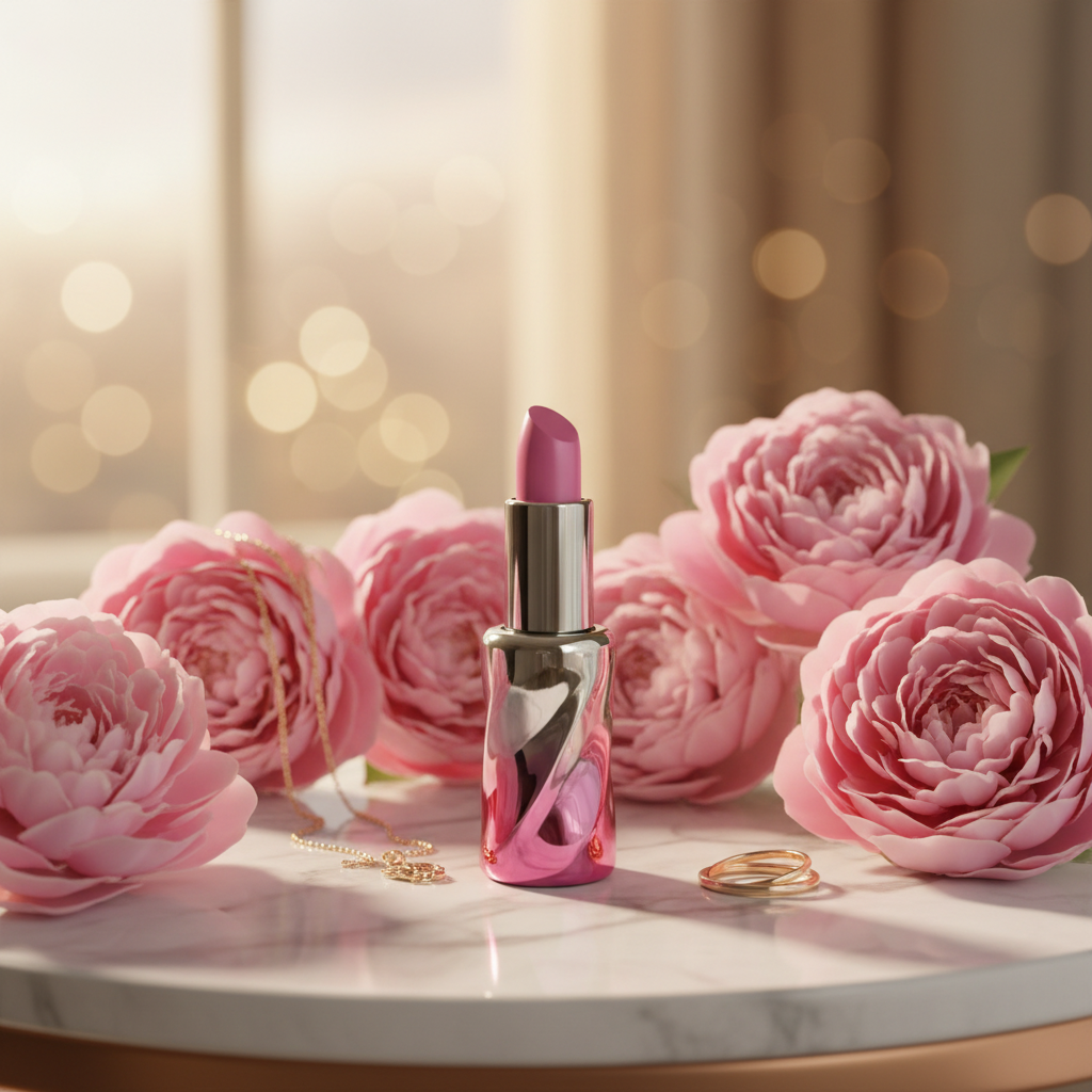 Round spiral lipstick tube with pink peonies feminine lifestyle scene