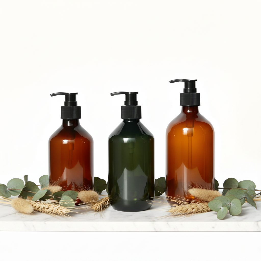 Amber PET pump bottles on marble surface with botanicals