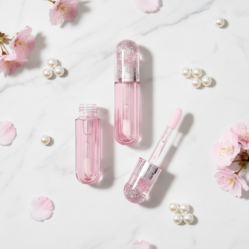 Pink glitter heart lip gloss tubes flat lay on marble with cherry blossoms