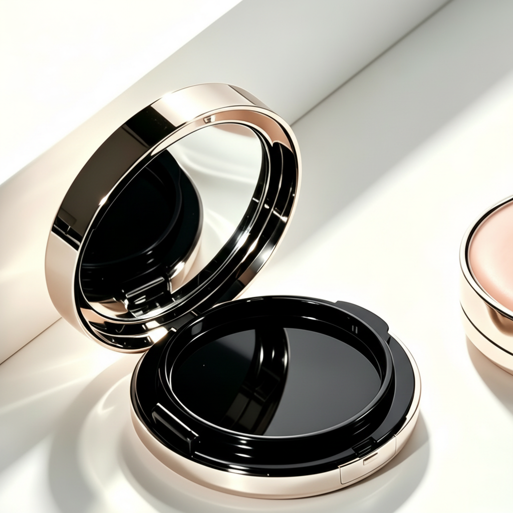 Round rose gold air cushion compact close-up macro detail shot frame and mirror