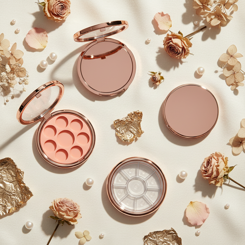 Rose gold eyeshadow compacts flat lay with dried flowers overhead shot