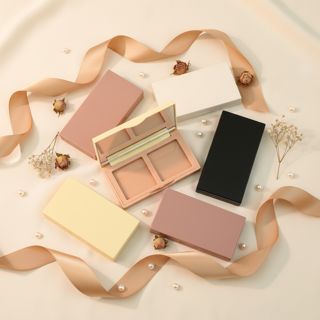 Four color palette cases gift flatlay with satin ribbon and dried flowers