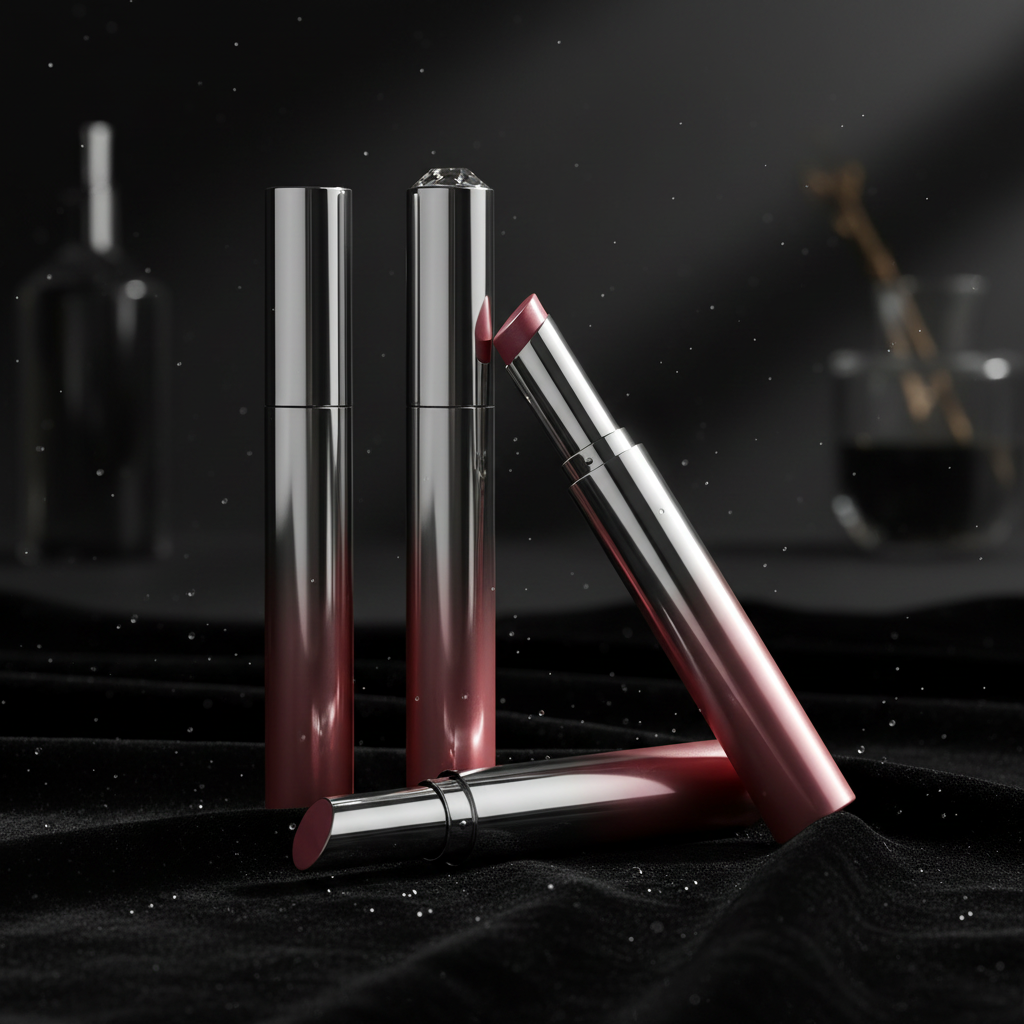Lipstick tubes on black velvet dark moody luxury scene