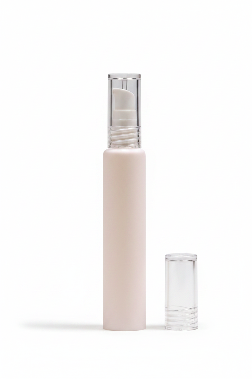 Side profile of single slim white pump bottle on white background