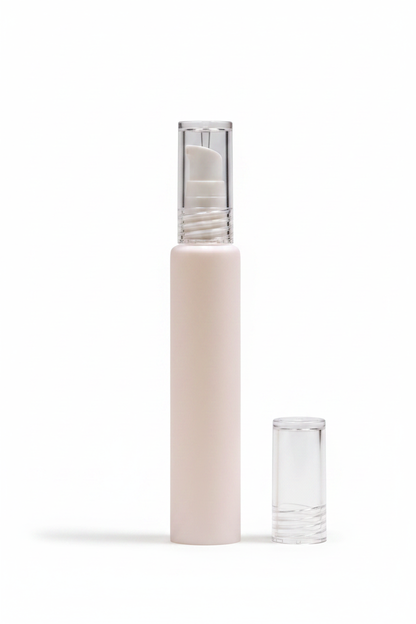 Side profile of single slim white pump bottle on white background