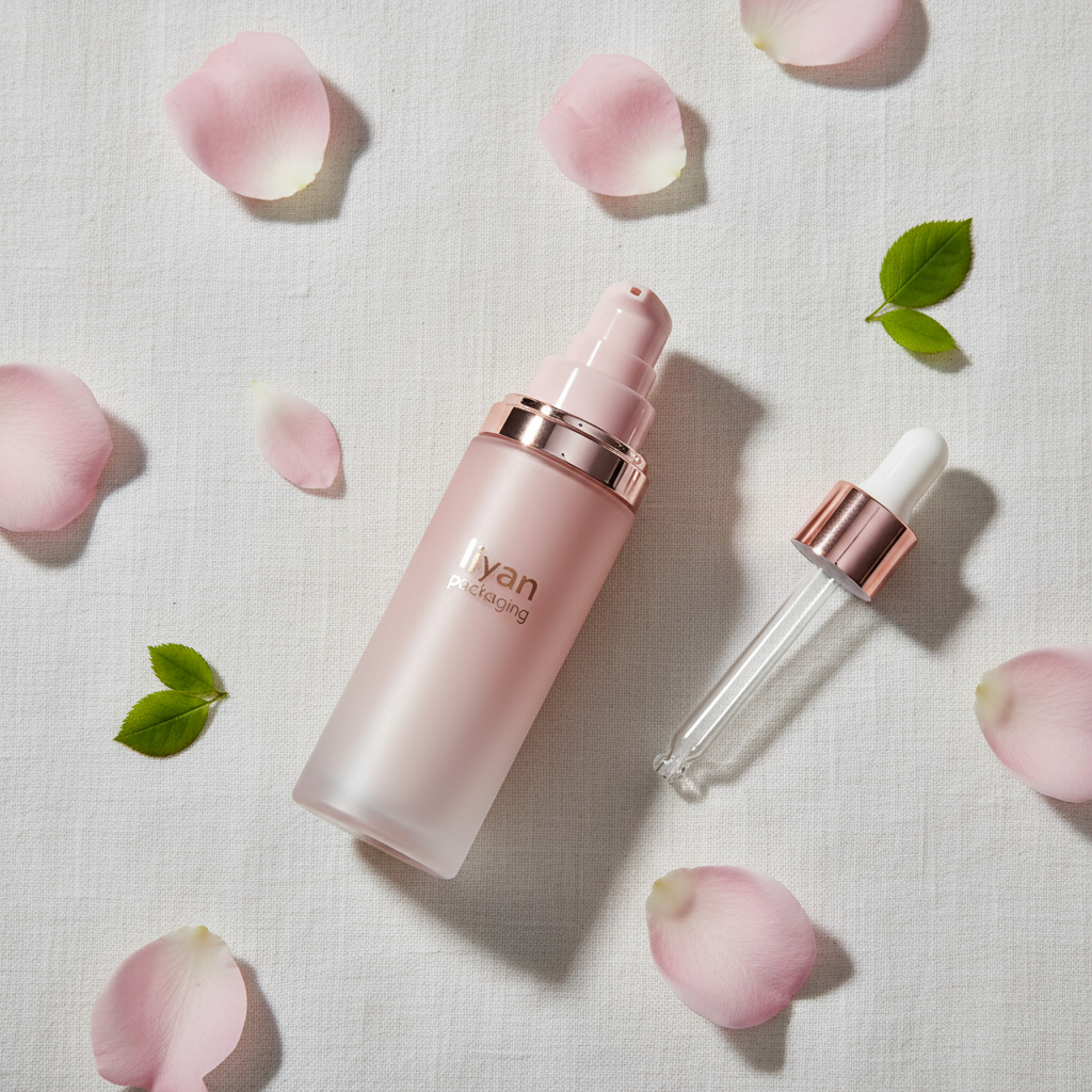 Overhead flat lay of airless pump bottle with rose petals on linen