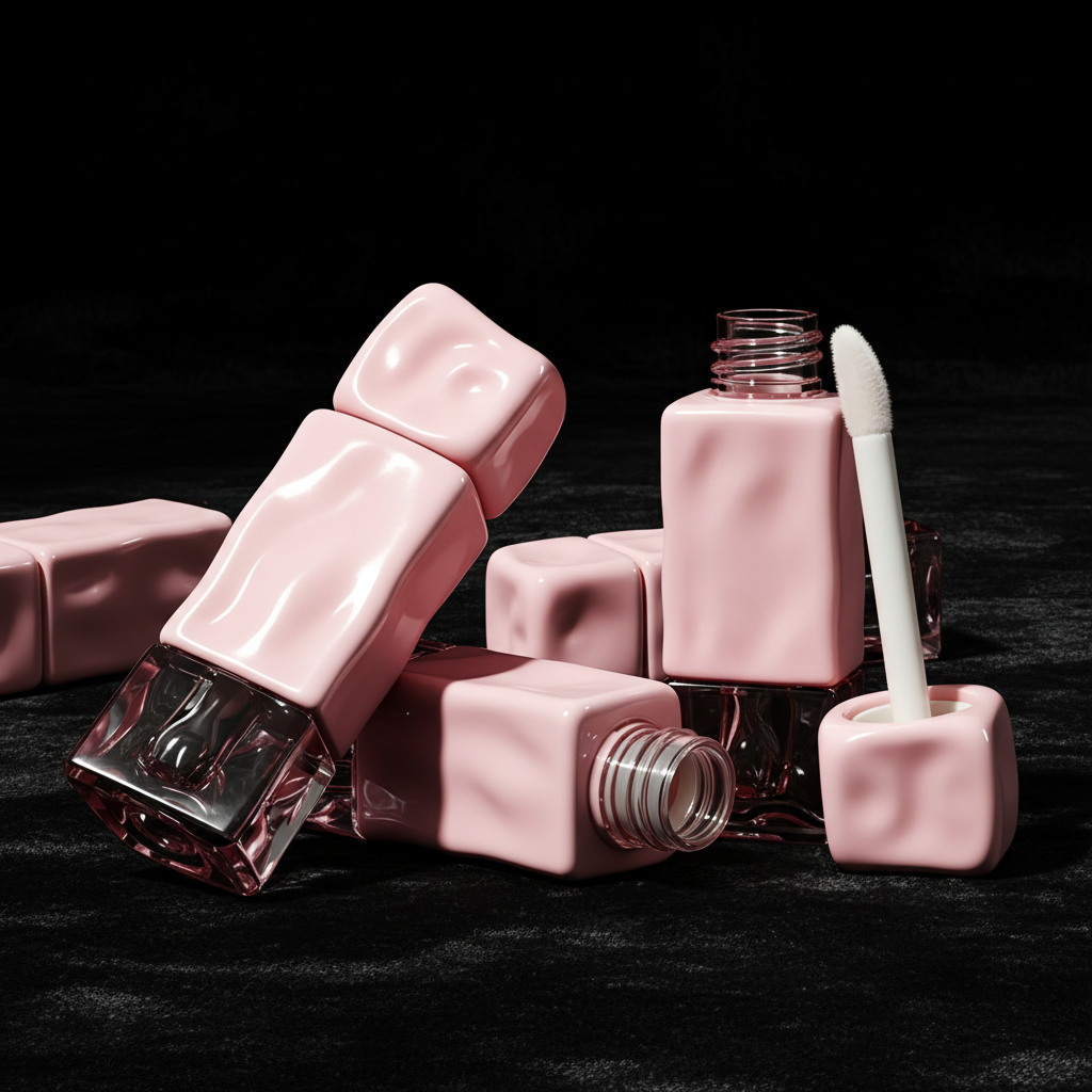 Square pink lip gloss tubes on black velvet dark luxury scene