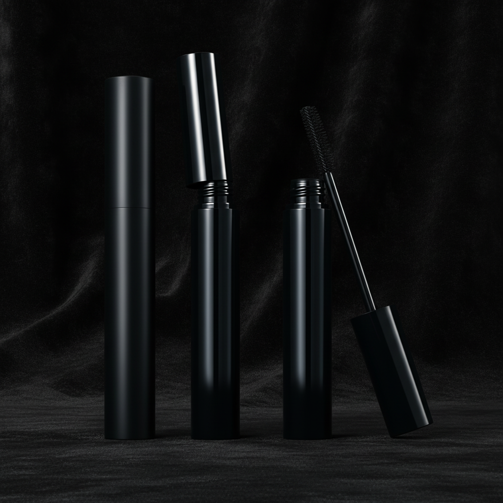 Round matte black mascara tubes on black velvet dark moody luxury scene