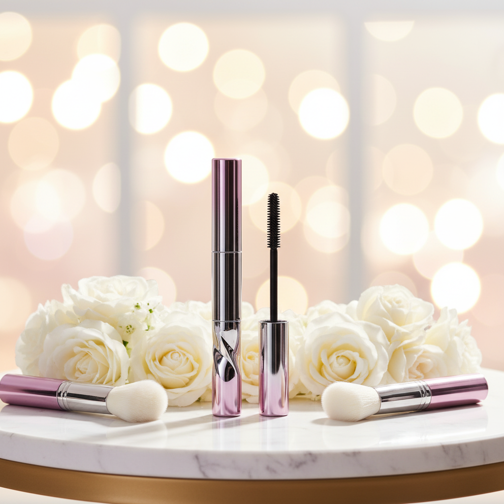 Dual-end pink mascara tube with white flowers feminine lifestyle scene