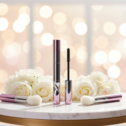 Dual-end pink mascara tube with white flowers feminine lifestyle scene