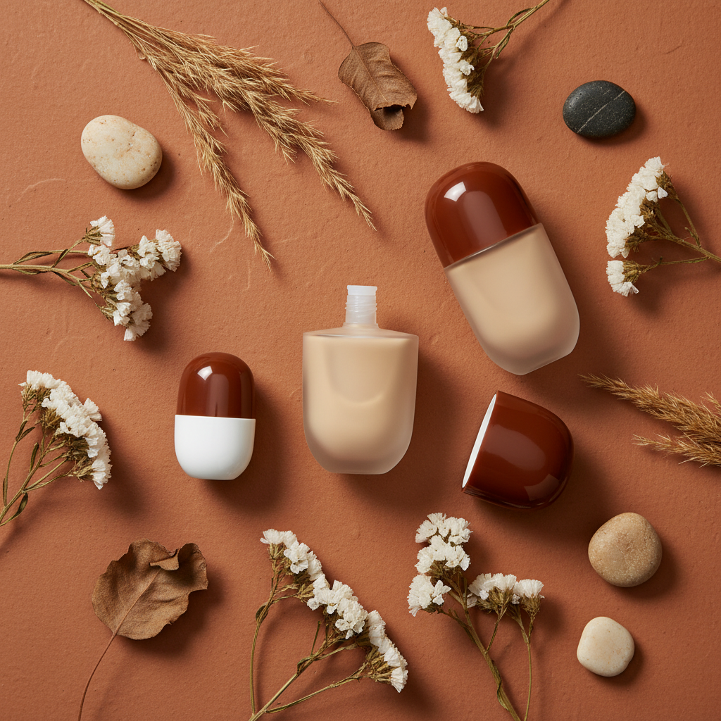 Capsule brown white squeezable bottles flatlay on terracotta surface with botanicals