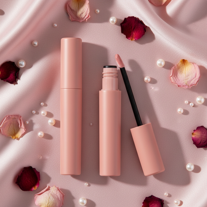 LYH005 lip gloss tube flatlay on blush silk with rose petals and pearls